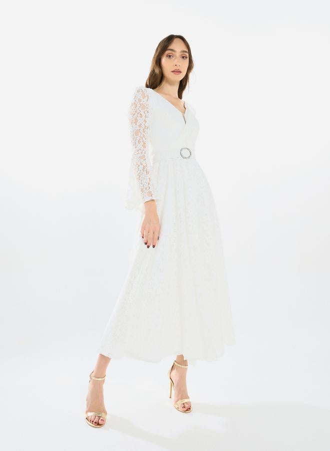 House of Moda Women Lace Flare Sleeve Midi Dress - Image 2